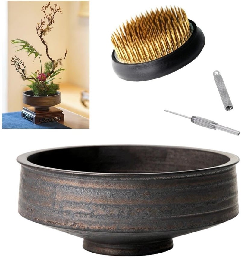 Eggone Japanese Ikebana Vase Kit, Flower Shallow Container 7.5inch Ceramics Flower Bowl Ikebana Vase with 2.4inch Floral Frog and 2-in-1 Kenzan Corrector (Retro Style) - Image 1